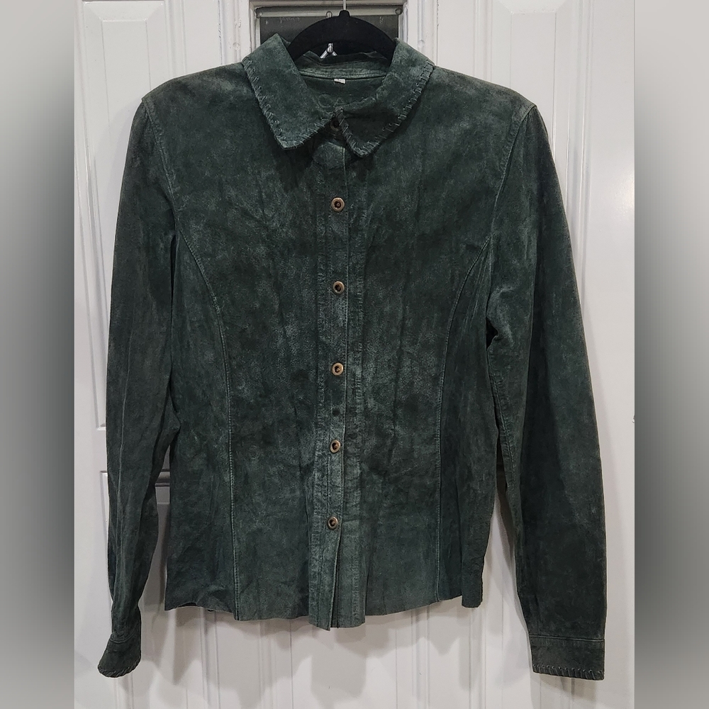 Cabi olive green genuine suede leather shacket size women's Large